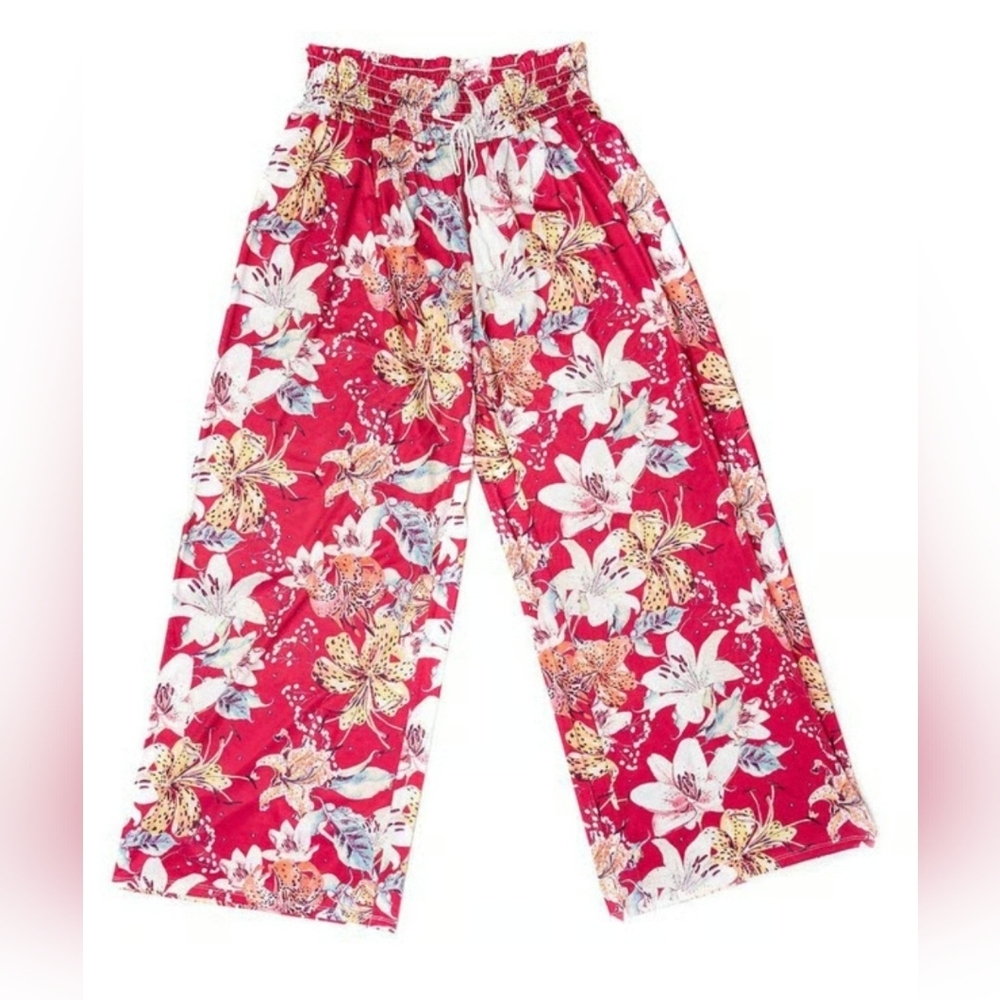 West Loop Women's Palazzo Pink Floral Wide Leg Elasic Waist Pants Sz XL